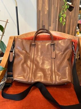 Coach Brown 2Way Leather Brief Tote with Black Strap